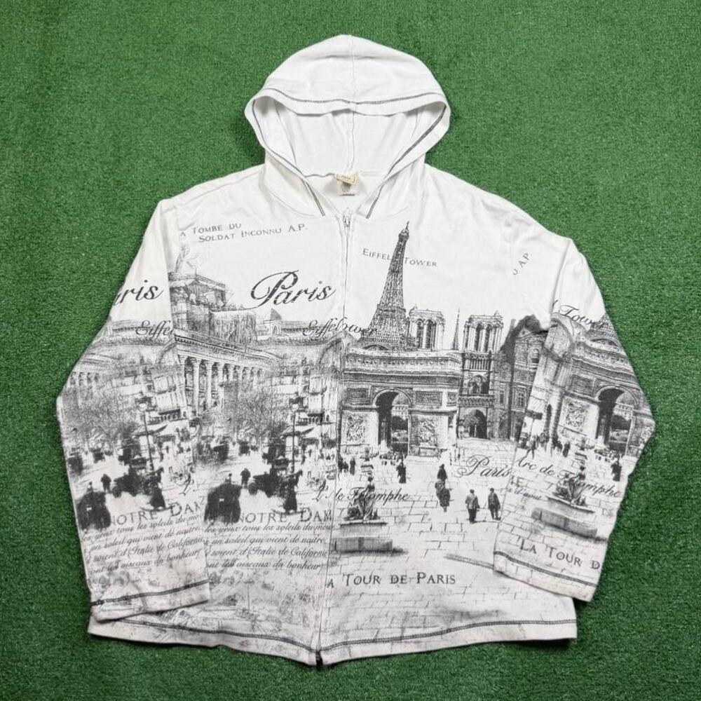 Vintage Paris All Over Print Zip Up Hoodie womens L White Eiffel Tower AOP Y2K